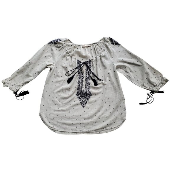 ZARA Boho Embroidered Peasant Top Unbleached Cotton with Navy Blue Stitching XL - Picture 6 of 16